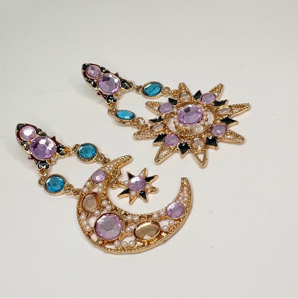 Women Rhinestone Earrings. Sun Crescent Moon Star Charm Asymmetric Earrings Jew - Picture 6 of 6